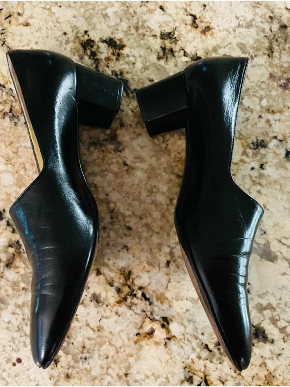 Bruno Magli Black Leather Pointed-Toe Pumps with Gold Buttons - Picture 2 of 5